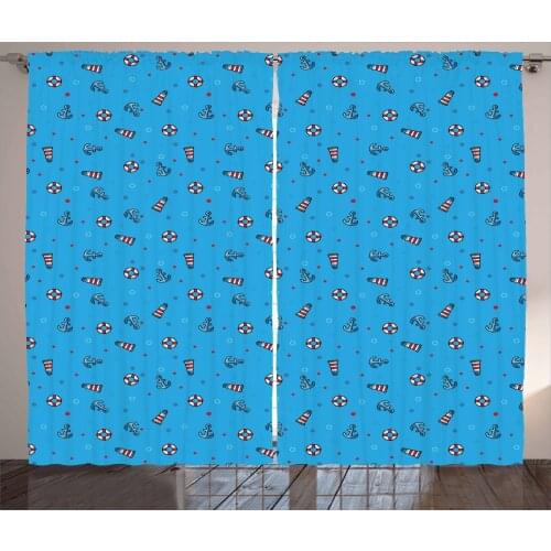 Cartoon Lighthouse Curtains Minimal Dots Anchor Buoy Satin Fabric Drapes for Living Room Bedroom 2 Panel Window Set