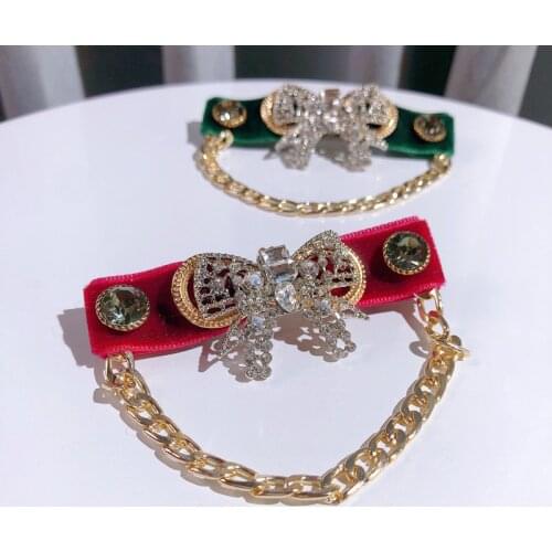 Retro Velvet Bow Tassel Chain Brooch Pin for Women High-end Rhinestone Bowknot Shirt Collar Luxulry Jewelry Brooches Accessories