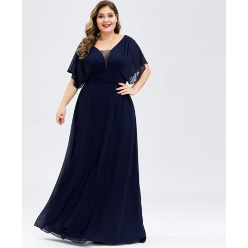Evening Dress Navy Blue V-Neck Empire Ruched Short Sleeves Simple A-Line Fashion Floor-Length Plus Size Women Formal Gowns D969