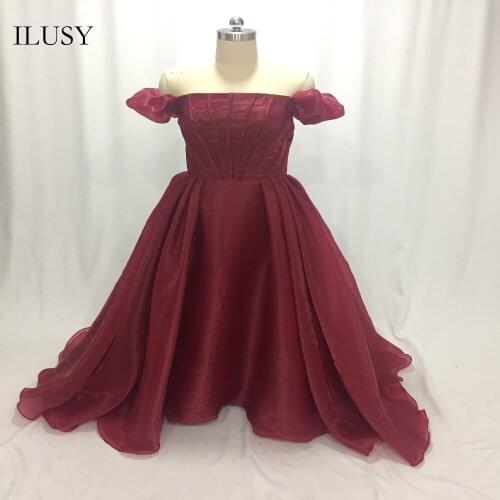 ILUSY Vintage Fiesta De Vestidos Organza Evening Dresses Strapless Short Sleeves A-line Prom Gowns Pltead