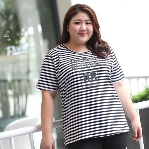 9103 Summer Oversize T-Shirt Women Striped Loose Big Size Print Black Tops Casual Large Clothing 2021 New Fashion Cotton 7Xl Tee