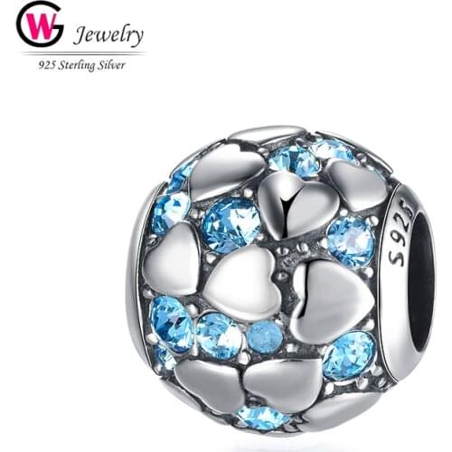 Brand GW Chic Charm Women Pendant Fit For Pandora Bracelets Hearts Shaped Sky Blue Zircon Round Balls Pendants Fit Bangles Mujer