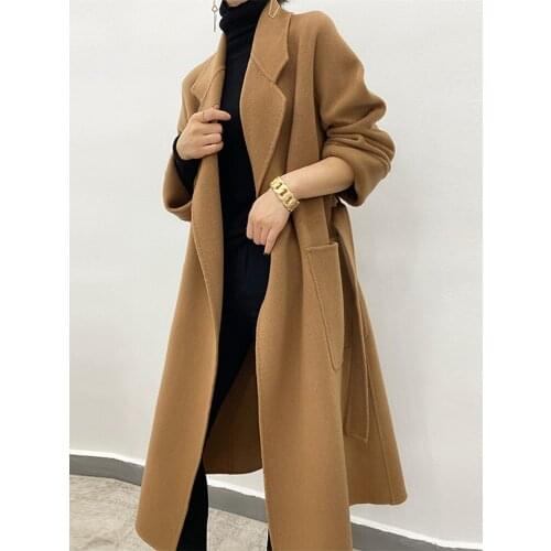 21 Fall Winter Lapel Double-sided Cashmere Coat Womens Mid-length Korean Loose Wool Coat Over The Knee Outwear With Belt