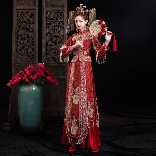 Embroidery Tassel Red Golden Chinese Wedding Dress Bride Banquet Costume Classic Cheongsam China Qipao костюм для восточных