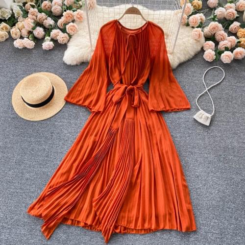 Early Autumn New Temperament Vestidos Female Round Neck Flared Sleeve Dress Lace-up Waist Pleated Pleated Long Dress DF738