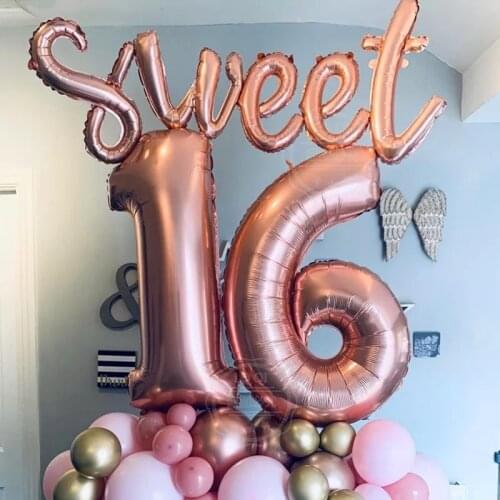1Set Sweet 16 Party Decorations Supplies Sixteen Birthday Decorations 16 Years Birthday Party Number Foil Balloons Supplies