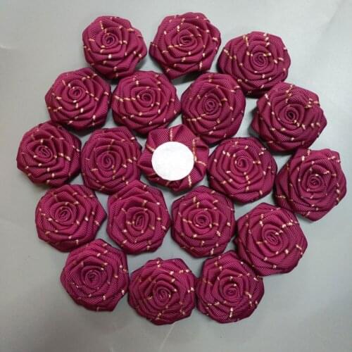 50Pieces/Bag Size 4.5CM Polyester Ribbon Rose Flower Golden Silk Flat Flowers Hand DIY Wedding Bouquet Hair Cloth Accessories