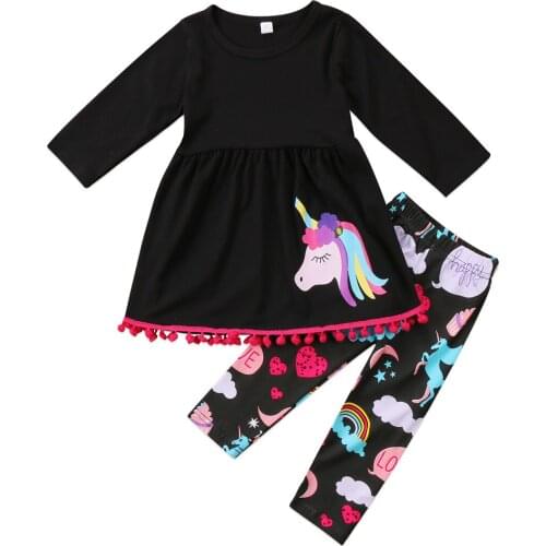 Unicorn Kids Baby Girls Outfits Clothes Tassel Animal Cartoon T-shirt Tops Dress Long Pants 2PCS Autumn Cotton Pullover Set