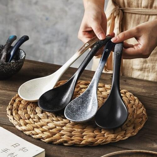 3 pcs Japanese style large ceramic spoon European style retro long handle rice spoon hotel restaurant soup porcelain spoon