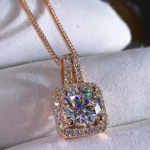 14K Rose Gold Women Pendants Necklaces Moissanite Diamond 0.5 1 2 3 4 5 Carat Round Wedding Anniversary Engagement Party Square