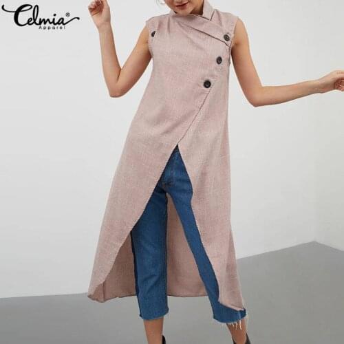 Celmia 2021 Sexy Asymmetrical Long Shirts Women Summer Sleeveless Buttons Tops Casual Loose Split Hem Chic Blusas Femininas