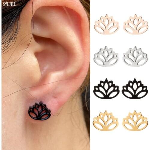 Tiny Black Lotus Flower Earrings For Women Girls Bohemian Stainless Steel Plant Cactus Lily Tree Stud Earring Jewelry pendientes