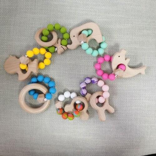 Baby Silicone Beads Teether Wooden Ring Bracelet Teething Toys Chewing Nursing Soother Molar for Newborn Infants Shower Gifts
