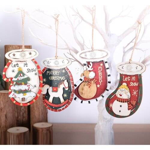 Wooden Christmas Drop Ornaments Gloves Socks Christmas Tree Hanging Pendant Home Party Decor New Year