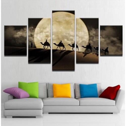 Canvas Wall Art Pictures HD Prints Living Room Home Decor Frame 5 Pieces Camel Team Poster Full Moon In Desert Paintings
