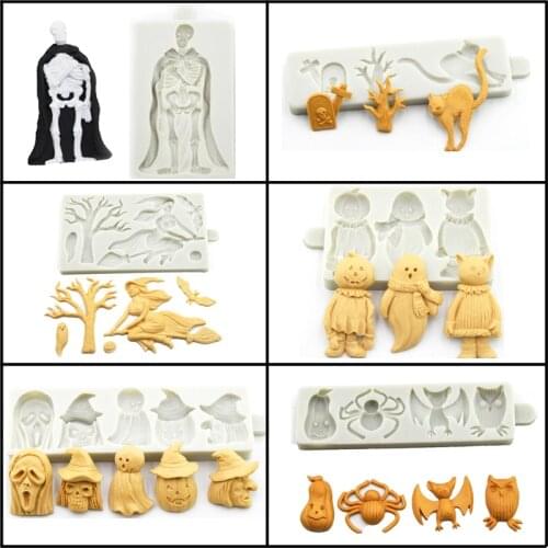 Meibum Halloween Skeleton Ghosts Silicone Fondant Mould Witch Bat Cat Cake Molds Sugar Craft Baking Tools Decorating Moulds