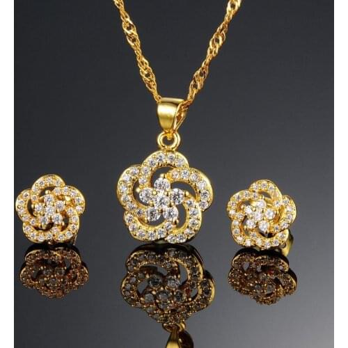 Fashion Accessories Yellow Gold Filled Plated Peony Flower Pendant Earrings Set Micro Paved CZ