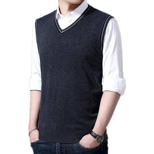 New 2021 Mens Knitted Wool Vest Cotton Soft Comfortable Youth V Neck Solid Color Knit High Quality Sweater Waistcoat