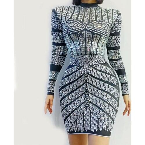 New Shining Silver Crystal Dress Women Birthday Evening Prom Celebrate Long Sleeves Dress Bodycon Party Dance Stretch Costume