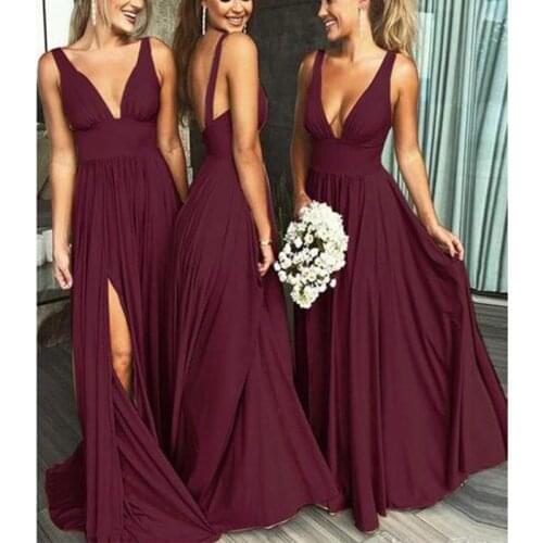 New Arrival Burgundy Bridesmaid Dresses Spaghetti Straps V-neck Long Prom Party Dress Sexy Front Split Vestido De Dama De Honra