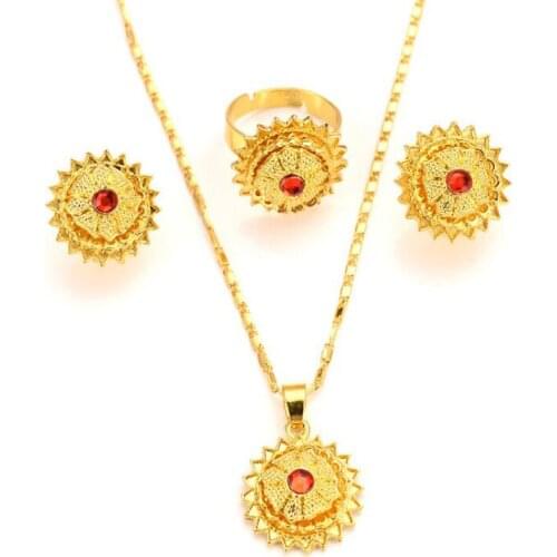 New Arrival Solid Fine Gold GF CZ Ethiopian scene Jewelry sets chain pendant ring With Red Stone African Habesha Gift Womens