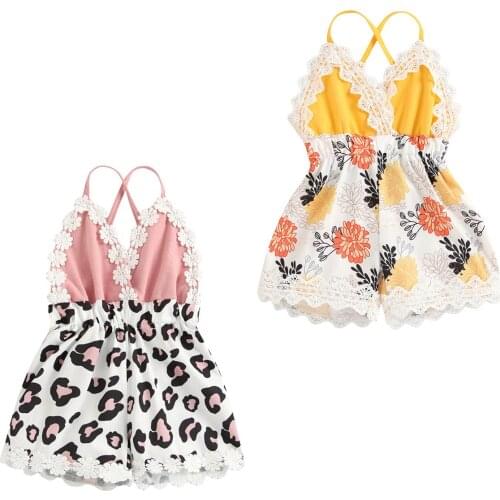 Newborn Baby Girl Clothes Summer Rompers Floral/Leopard Print Romper with Lace Baby Jumpsuit Bodysuit Outfit Childrens Clothing
