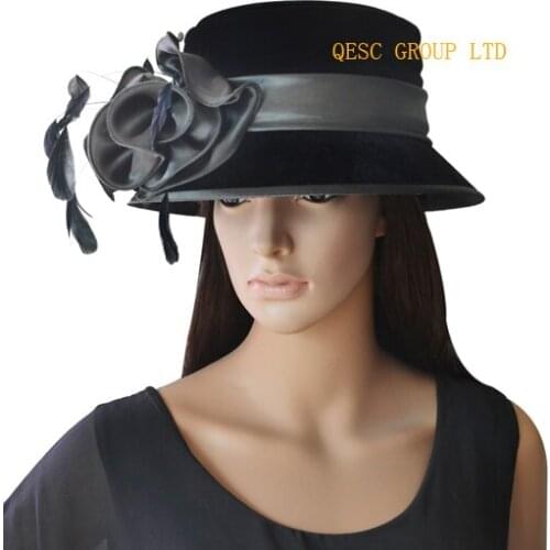 Wholesale Elegant NEW Grey Velvet Hats Satin Kentucky Derby wedding womens hat wipanama feathers.Brim width 7cm.FREE SHIPPING