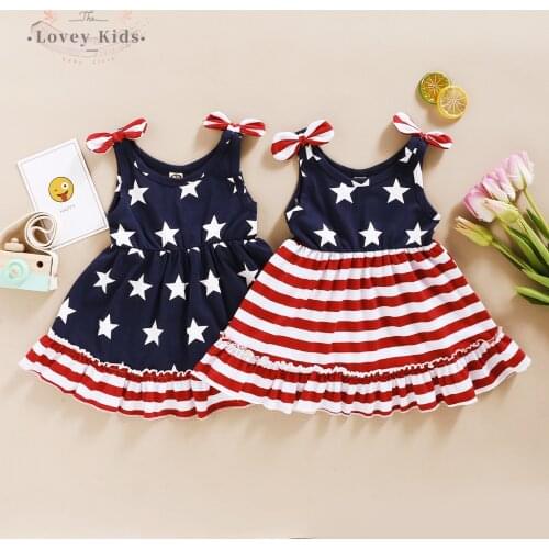 2021 Baby Girl Dress O Neck Sleeveless A-line Ruffle Striped Star Print Princess Dresses Independence Day July 4th