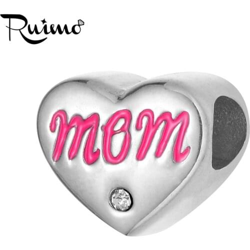 RUIMO On Sale 316L Stainless Steel High Polished Heart Shape Beads Pink Mom Charm Beads For DIY Women Bracelet Jewelry Making