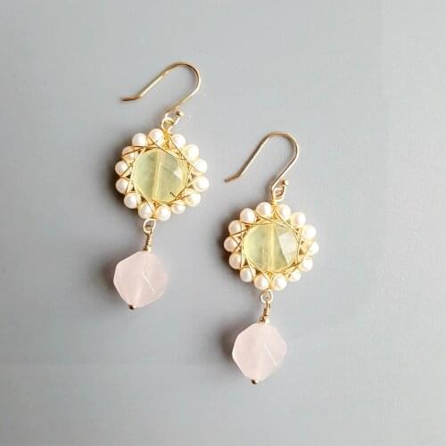 LiiJi Natural Prehnite Rose Quartz Freshwater Pearl Earrings 925 Sterling Silver Handmade Drop Earrings Delicate Jewelry