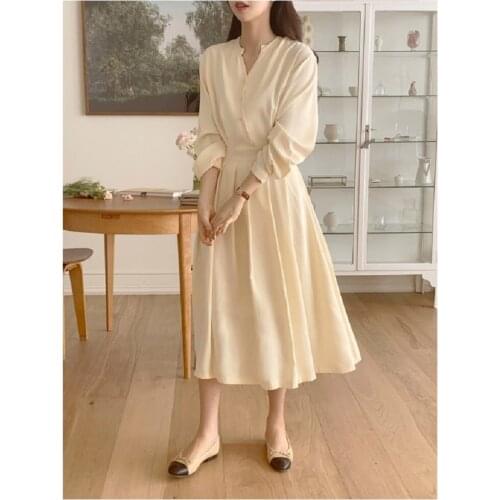 Chic Korean Fashion Women Temperament Office Lady Elegant Work Basic Wear Solid Vintage Long Shirt Dress Fenimine Vestidos