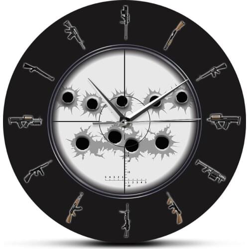 Variety of Weapon Guns Modern Wall Clock Man Cave Army Wall Decor Bullet Holes Military Hanging Wall Watch