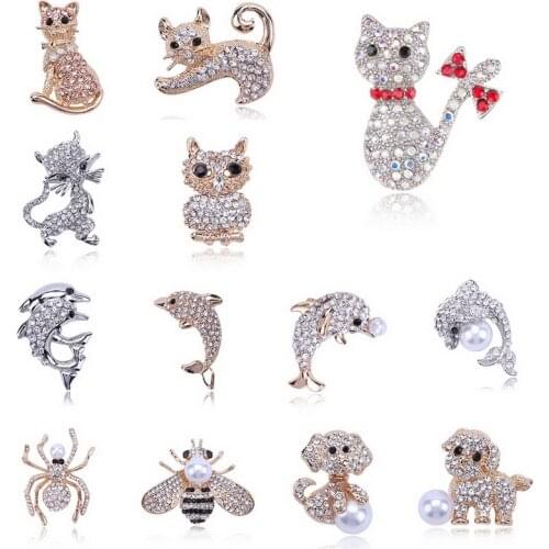 Rhinestone Chic Brooch Pearl Puppy Kitten Dolphin Spider Bee Brooch Crystal Gold Silver Color Brooch Pin Gift Costume Accessorie