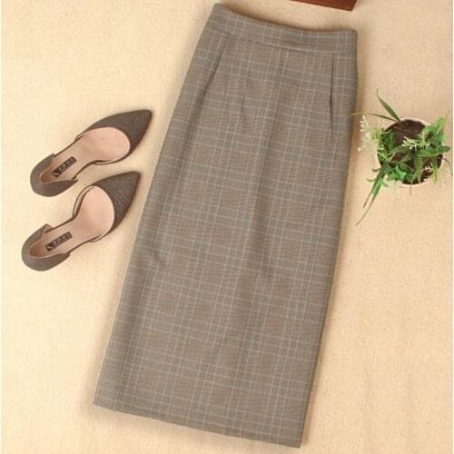 Plus size 3XL women plaid autumn pencil skirt office lady split vintage high waist knee-length package hip step skirts