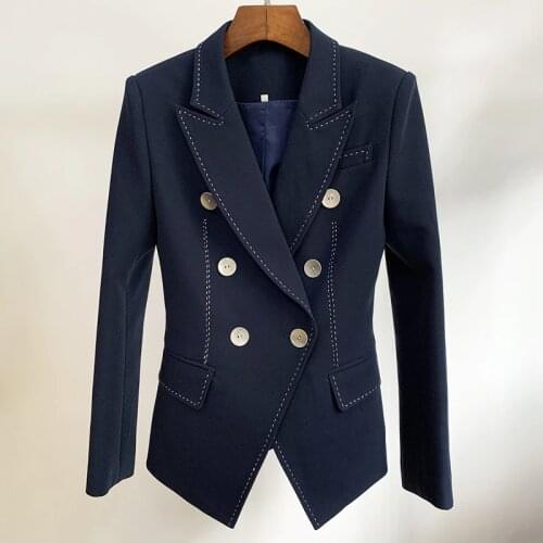 2020 New Womens Blazer White Dark Blue Double-breasted Button Slim Beaded Open Wire Decoration Casual Blazer Jacket Suit Female