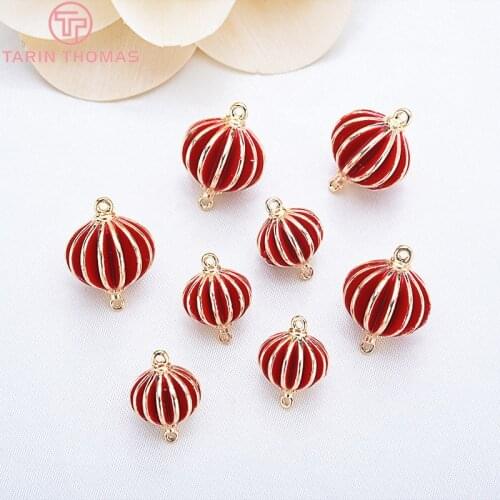 4PCS 8MM 10MM 24K Gold Color Plated Brass China red Double hole lantern Charms Pendants High Quality Diy Jewelry Accessories