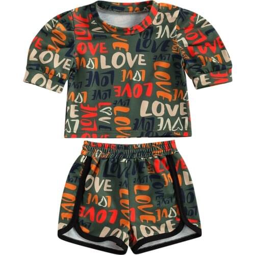 2021 New Baby Girls Clothes Sets Kids Letter Printed Short Puff Sleeve T-shirt Tops and Short Pants Casual Children Outfits 1-6Y