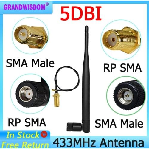 433Mhz LORA Antenna 5dbi 433 mhz RP-SMA Connector Rubber waterproof Lorawan antenna IPX to SMA Male Extension Cord Pigtail Cable