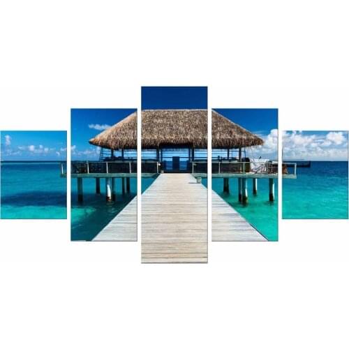 5 Pieces Fashion Wood Bridge on Blue Sea Canvas Print Painting for Living Room Wall Art Picture Gift Home Decoration Framed