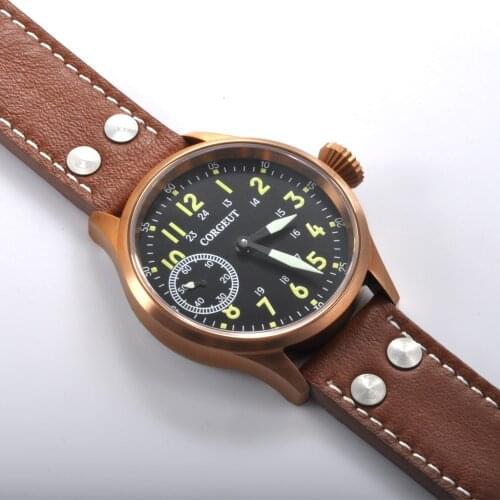Corgeut Mens Watch 43mm Coffee Pvd Case Green Number Luminous 6497 Movement Hand Winding Mechanical Wristwatch Men Waterproof