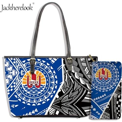 Jackherelook French Polynesian Tribe Pattern Womens Zipper Shoulder Bag Sets Ladies 2pcs Shoulder Handbag Casual Long Wallet