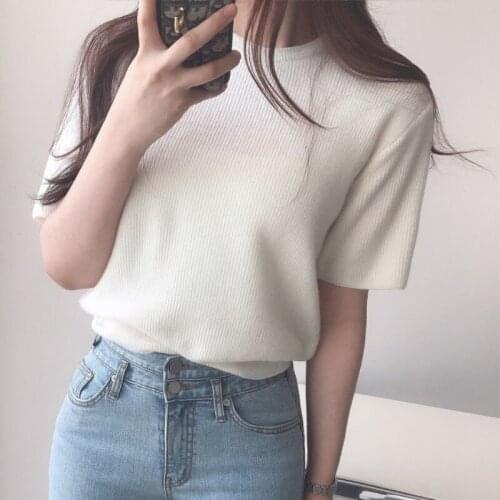 Korea Chic Summer New Simple Pure Color Niche Round Neck Wild Ice Silk Short-Sleeved Sweater T-Shirt Female Thin Section