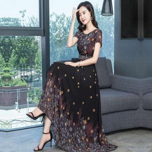 Summer Temperament Elegant Waist Thin Short Sleeve Ankle-Length A-Line Chiffon Floral Print Big Swing Party Coctail Dress 9359