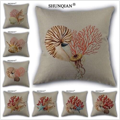 Linen Cotton Coral shells Pillow Cover Custom Print Home Decorative Pillows Cases 45x45cm one side YSJ417-9