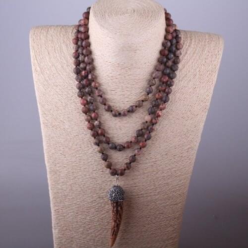 Fashion Bohemian Tribal Artisan Jewelry Knotted long Halsband Leopard Skin Ox Horn Necklace