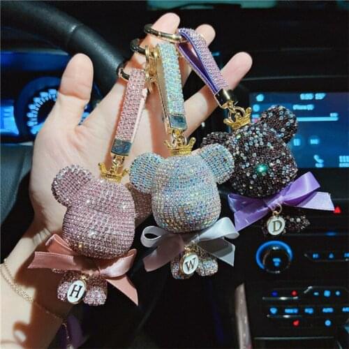 Fashion Full Diamond Cartoon Bear Cute Doll Keychain Creaitve Letter Bag Car Key Ring Pendant