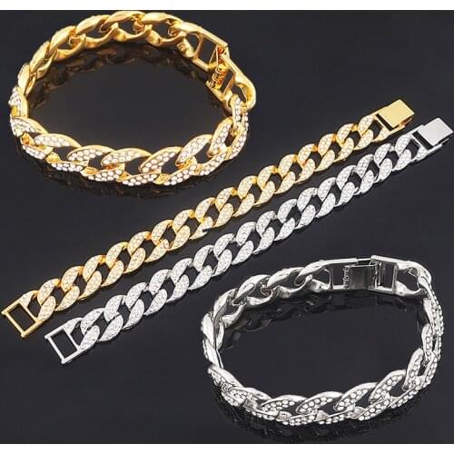 Fashion Bling Iced Out Rapper Bracelet Men Hip Hop Punk Full Rhinestone Pave Silver Color Cuff Bangles Miami Cuban Link Chain
