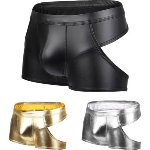 Mens sexy underwear imitation leather boxer shorts low waist sexy patent leather underwear hollow stage show butt temptation