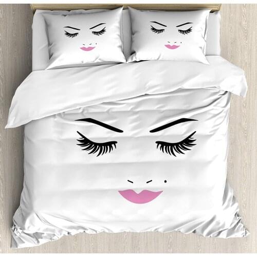 Eyelash Duvet Cover Set Closed Eyes Pink Lipstick Glamor Makeup Cosmetics Beauty Feminine Design Decorative 3 Piece Bedding Set