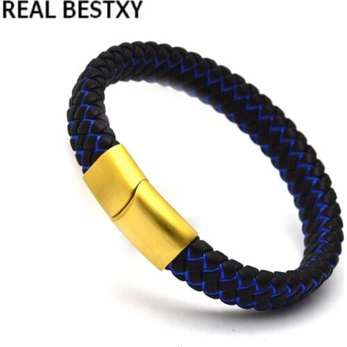 REAL BESTXY Fashion Punk Male Stainless Steel Bracelet Black Leather Bangle Bracelets & Bangles For Men Jewelry Magnetic Clasps